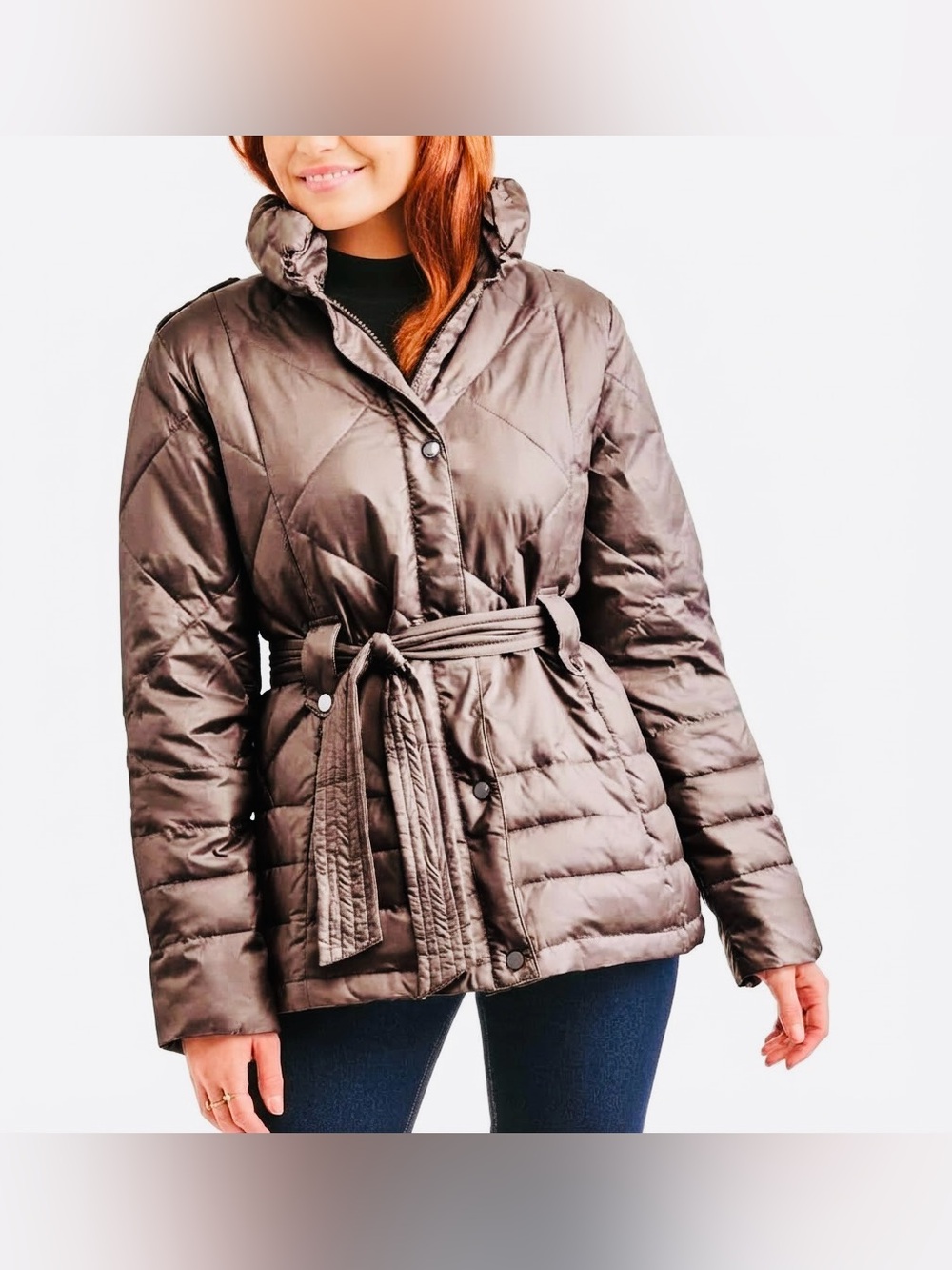 Big Chill Quilted Belted Puffer Jacket in Taupe